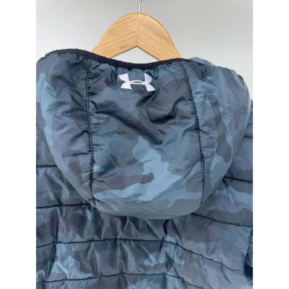 Under Armour Puffer Jacket Kids Large Blue Camo Storm Hooded Coat Reversable